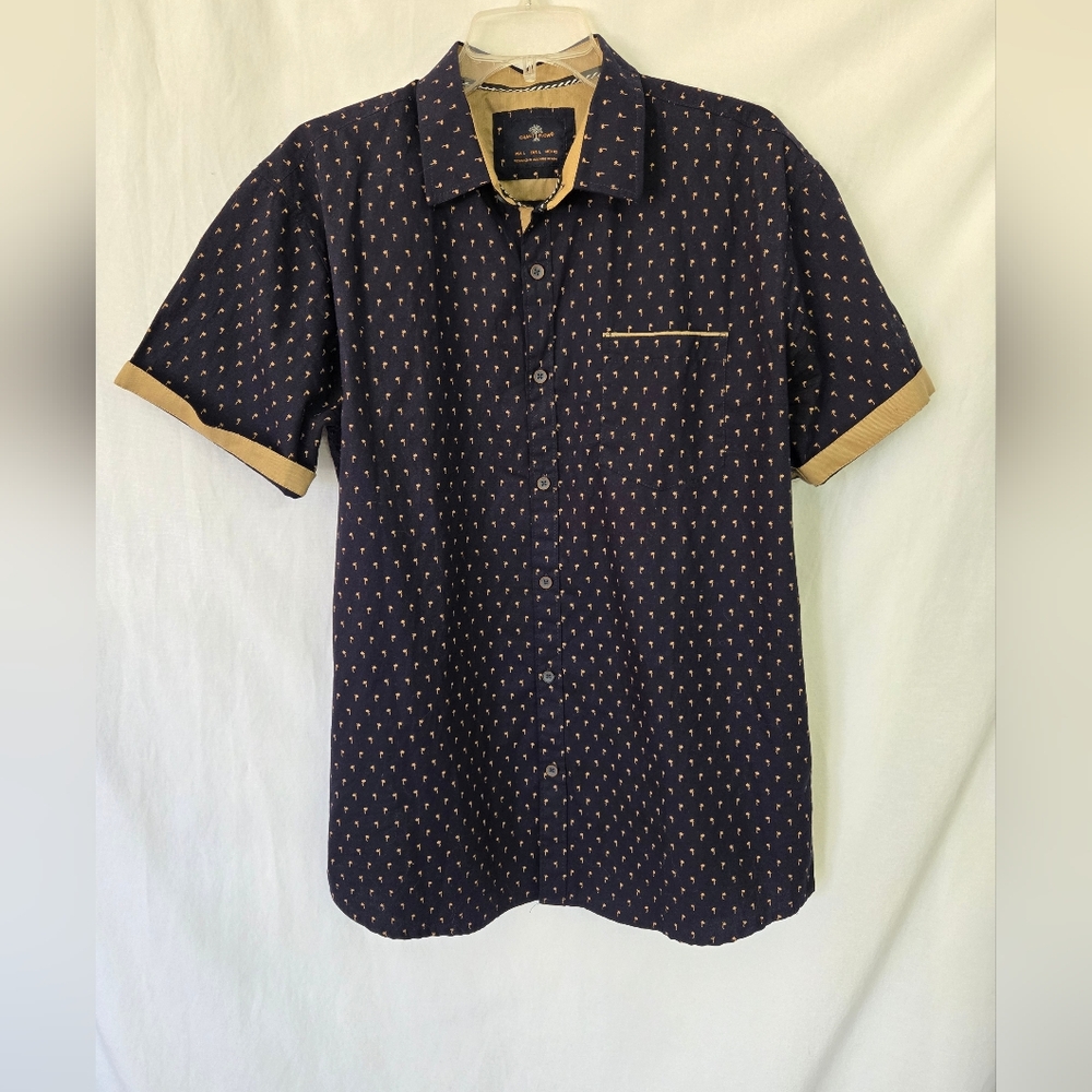 Craft + Flow Mini Palm Trees Navy/Tan Men's Spring  Button Down Shirt Size L